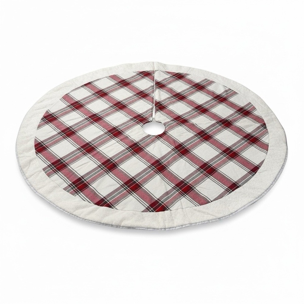 White Red Plaid Christmas Tree Skirt 45" Farmhouse Holiday Decor
